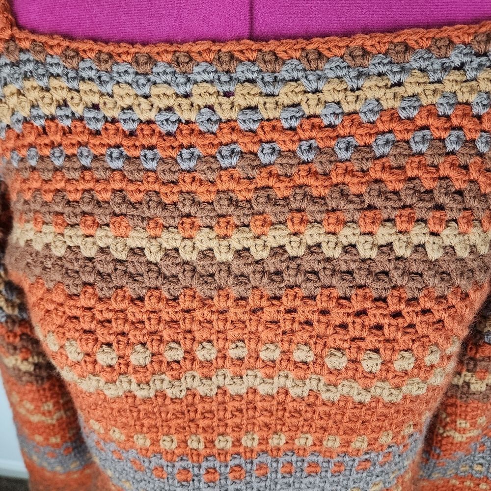 New Handmade Crochet Crop Sweater Boho Multicolor Striped Boat Neck Pullover OS - Picture 10 of 15